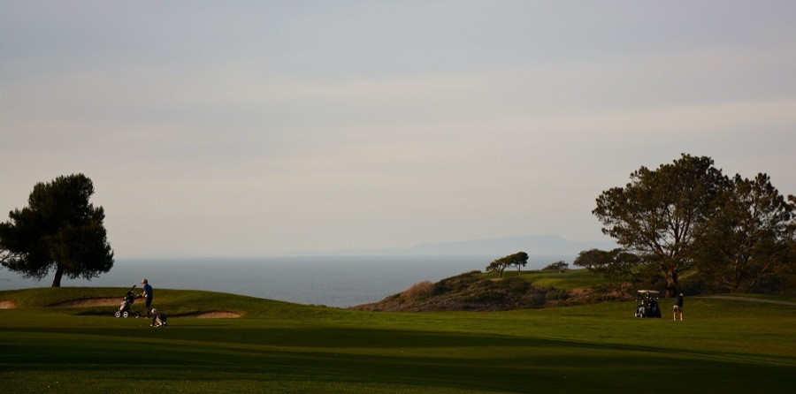 A fairway with the Pacific beyond.