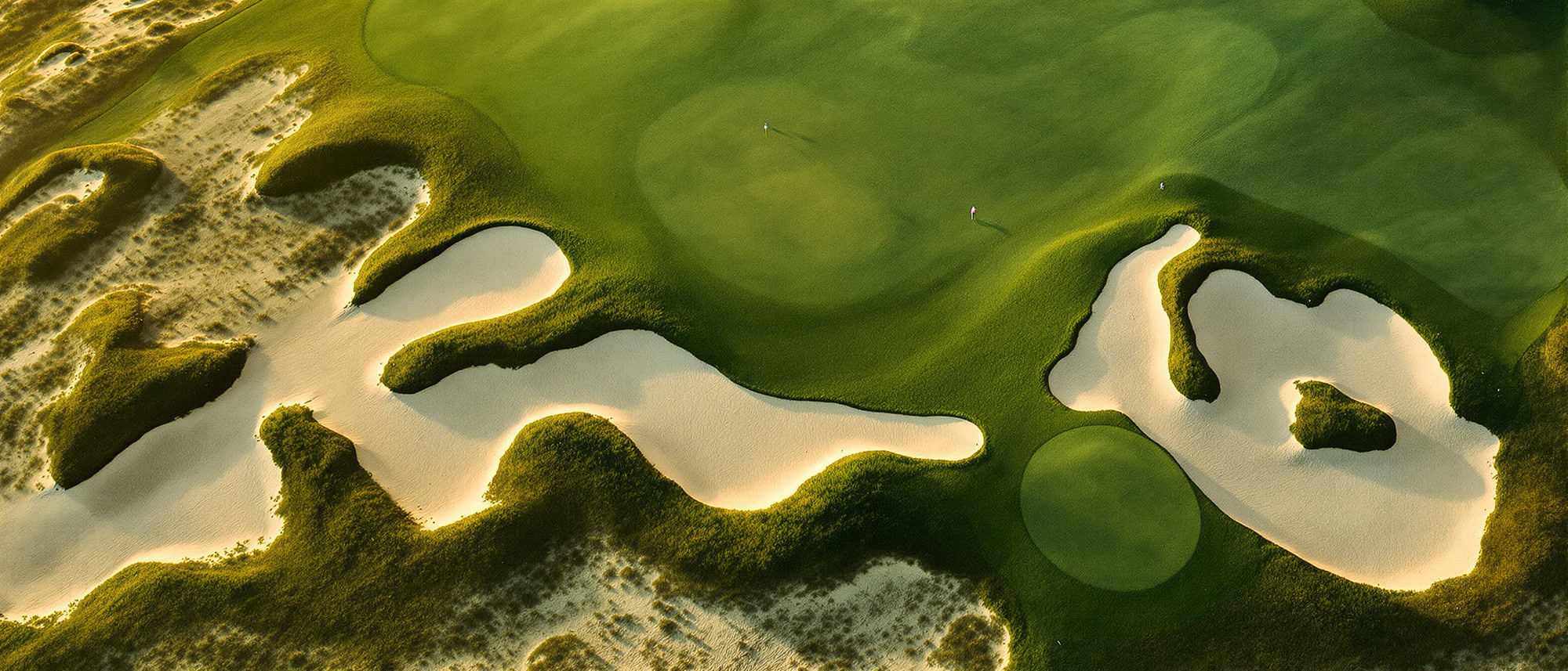 Aerial view of a links hole at dawn: sandy waste bunkers winding through mown turf, long shadows.