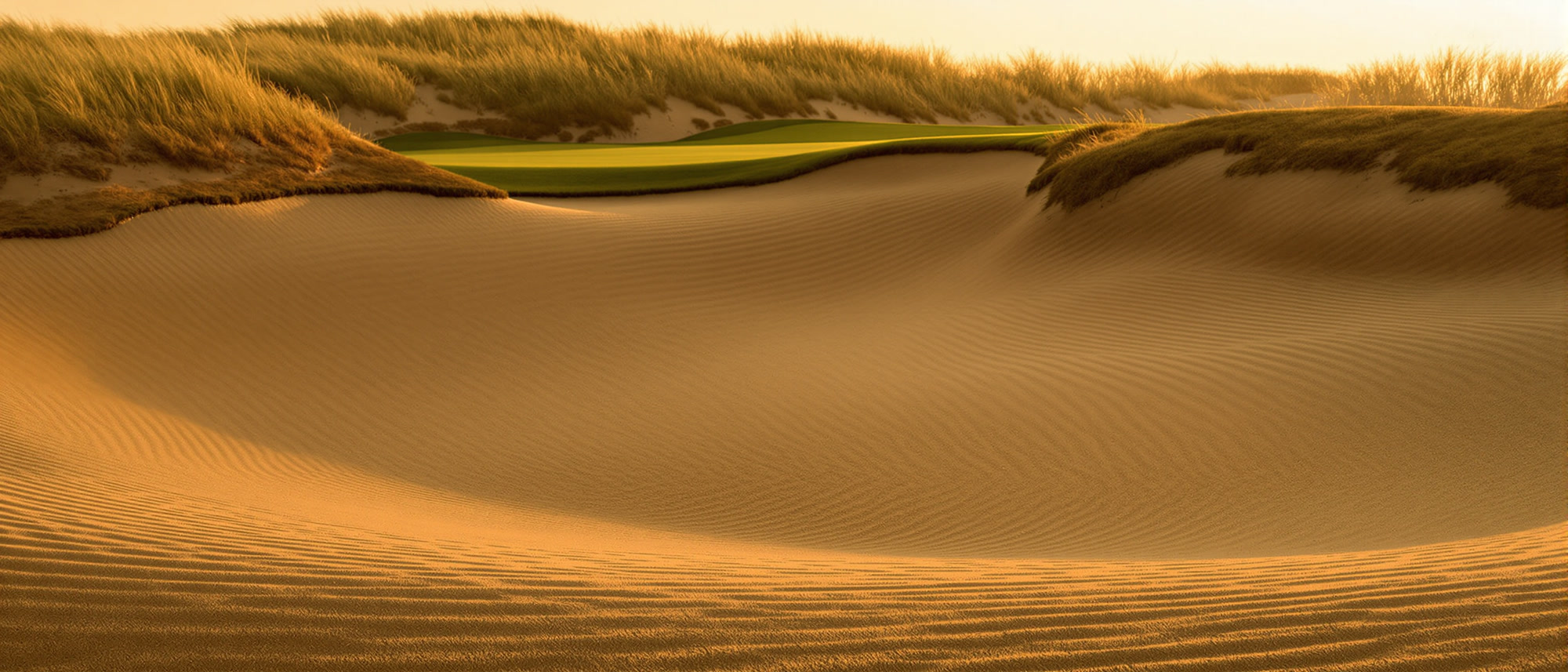 Rippled raked sand of a deep waste bunker at last light, a sliver of green and dune grass behind.