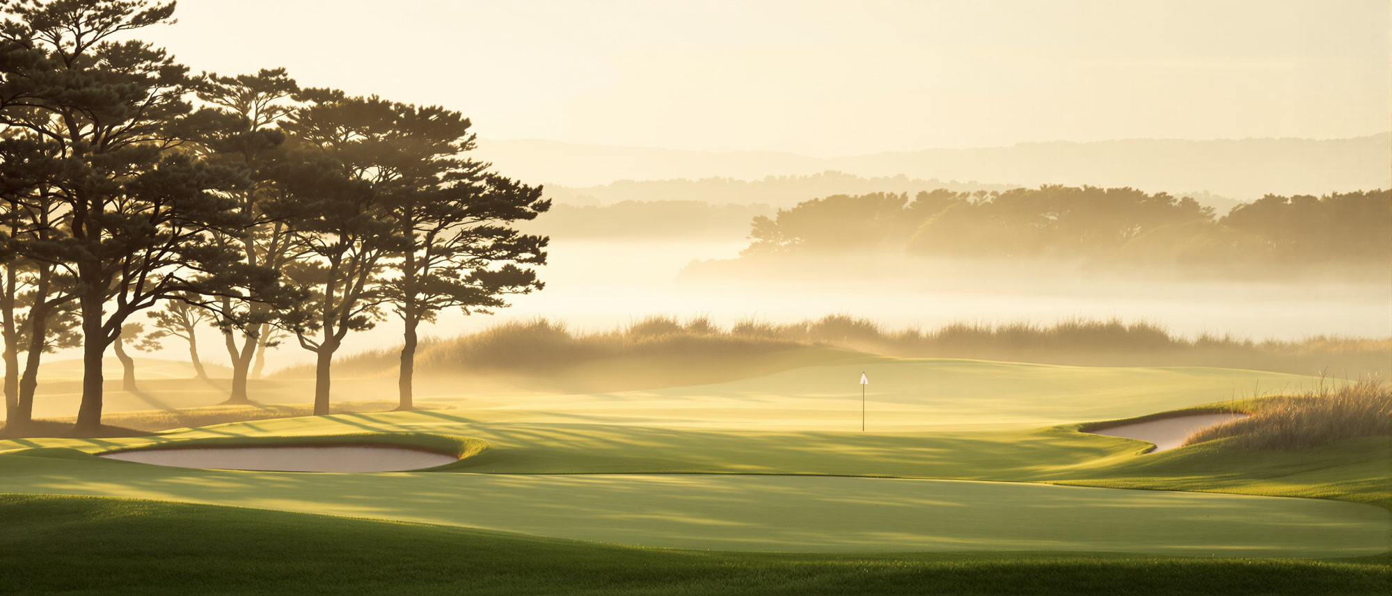 A links green at first light: mist between pines, a single white flag, bunkers either side.
